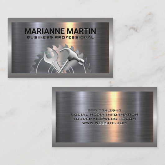 Metaal | Industriële Zaag Hamer Sleutel Visitekaartje (Voorkant / Achterkant)