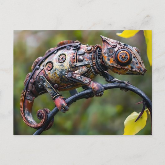 Metaal kameleon zittend op tak briefkaart (Voorkant)