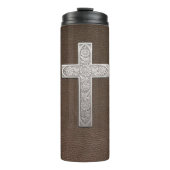 Metaal kruis op donker leder thermosbeker (Voorkant)