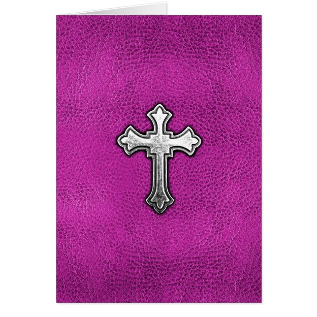 Metaal kruis op roze leder (Voorkant)