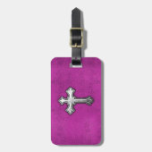Metaal kruis op roze leder bagagelabel (Voorkant verticaal)