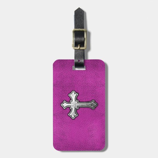 Metaal kruis op roze leder bagagelabel (Voorkant verticaal)