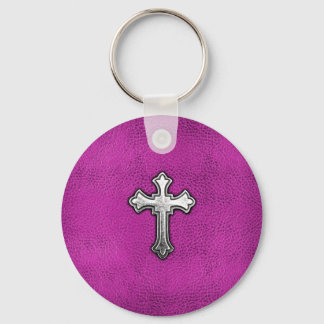 Metaal kruis op roze leder sleutelhanger