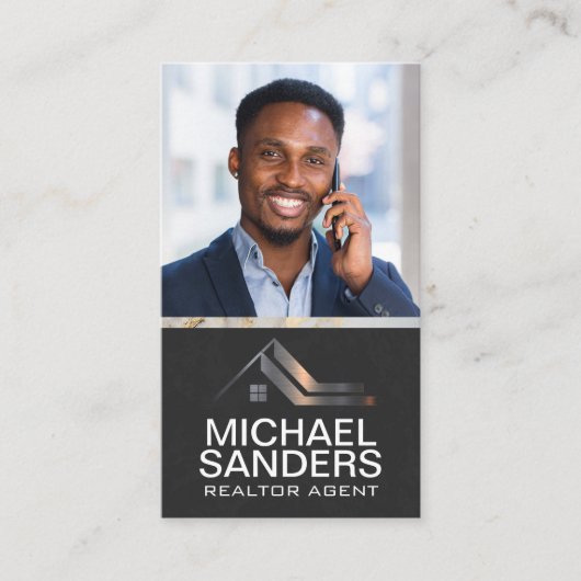 Metaal logo onroerend goed | zakenman aan de telef visitekaartje (Voorkant)