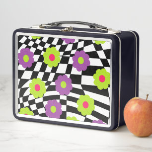 Metaal Lunchbox met Retro Checkers en Flowers