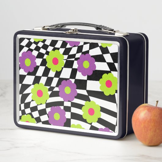 Metaal Lunchbox met Retro Checkers en Flowers (In situ)