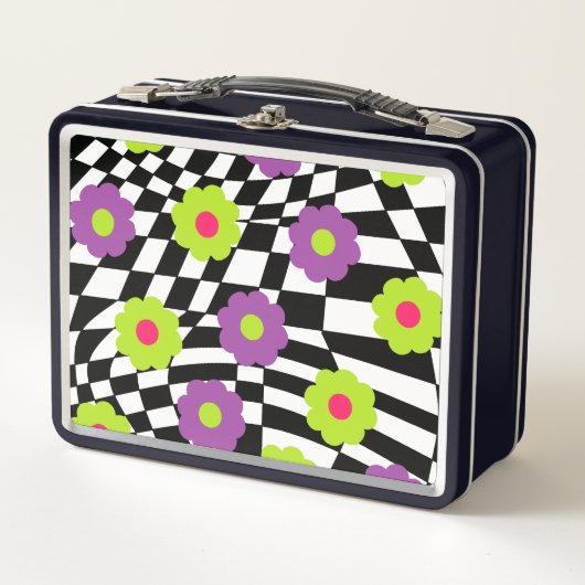 Metaal Lunchbox met Retro Checkers en Flowers (Voorkant)