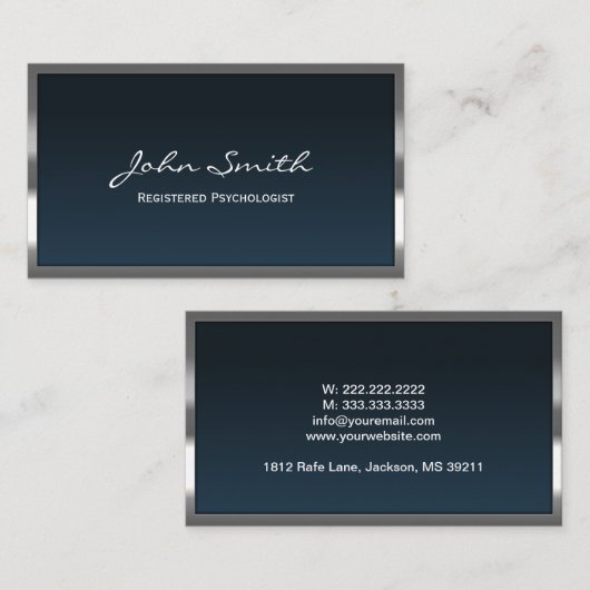 Metaal-omhulde marineblauw geregistreerde psycholo informatiekaartje (Voorkant / Achterkant)