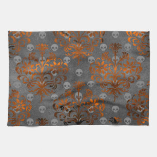 Metaal Oranje Damascus en Skulls Theedoek