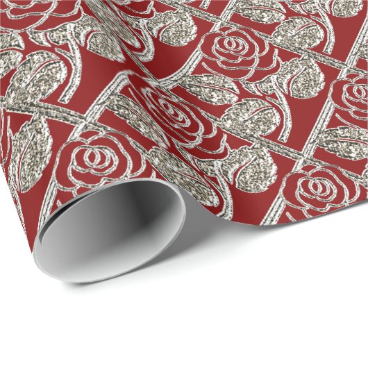 Metaal Roos-03-Rood, zilver-Gift-Wrapping Papier (Rol Hoek)
