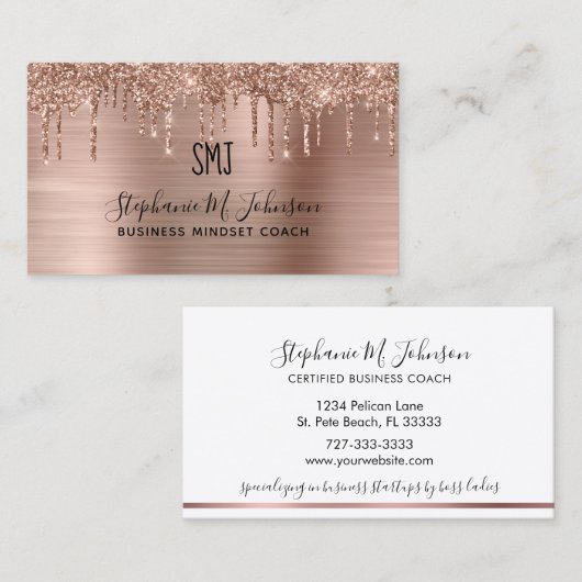 Metaal Roos Gold Glitter Drip Monogram Logo Visitekaartje (Voorkant / Achterkant)
