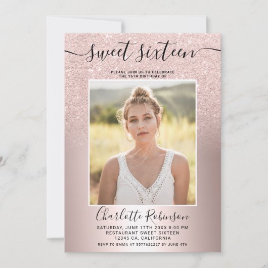 Metaal roos goud glitter ombre 3 foto's Sweet 16 Kaart (Voorkant)
