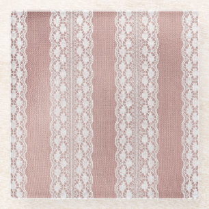 Metaal roze goud, off-white kant textuur. glazen onderzetter