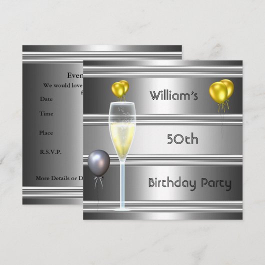 Metaal Silver Black 50th Birthday Mannen Kaart (Voorkant / Achterkant)