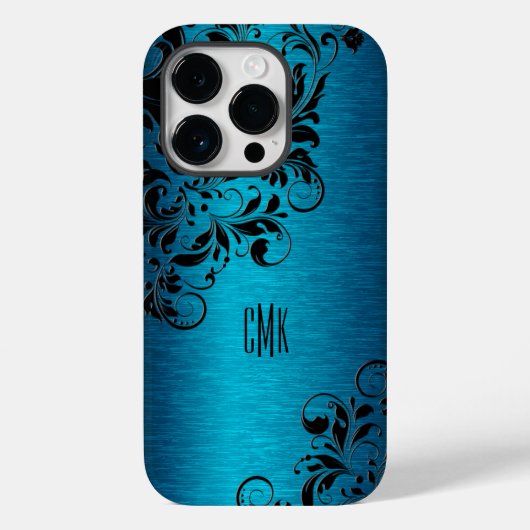 metaal turquoise blauw met zwarte Floral Swirls C Case-Mate iPhone Case (Achterkant)