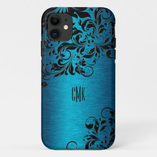 metaal turquoise blauw met zwarte Floral Swirls Case-Mate iPhone Case