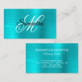 Metaal Turquoise Blauwe Folie Fancy Monogram Visitekaartje (Voorkant / Achterkant)