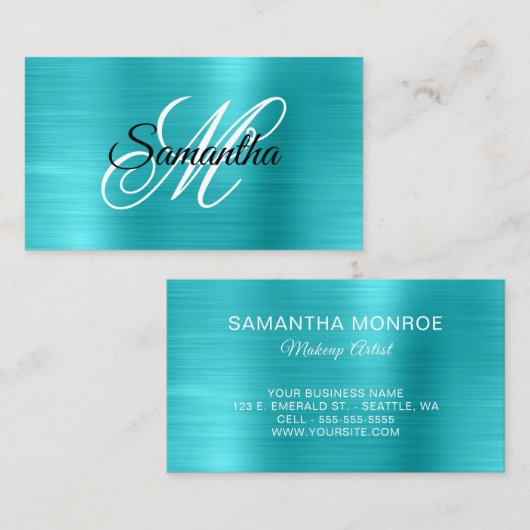 Metaal Turquoise Blauwe Folie Fancy Monogram Visitekaartje (Voorkant / Achterkant)