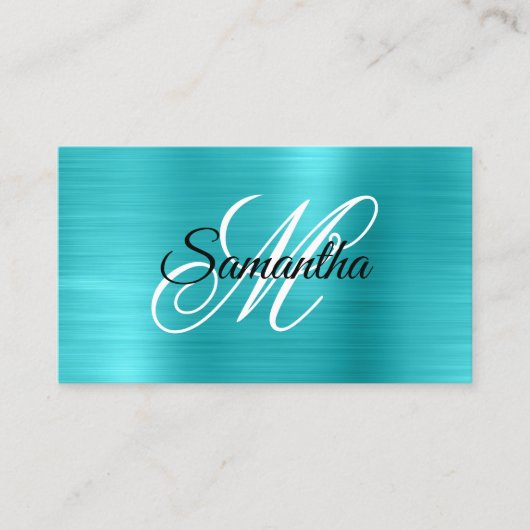 Metaal Turquoise Blauwe Folie Fancy Monogram Visitekaartje (Voorkant)