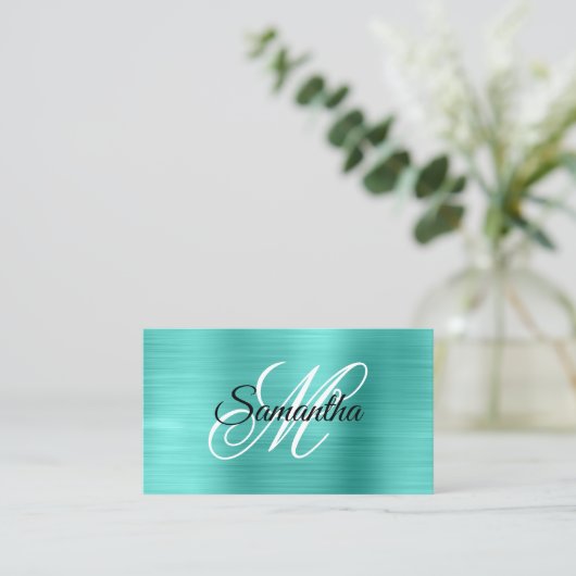 Metaal Turquoise Fancy Monogram Visitekaartje (Staand voorkant)