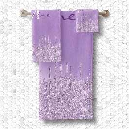 Metaal Violet Paarse Dripping Glitter Monogram Bad Handdoek