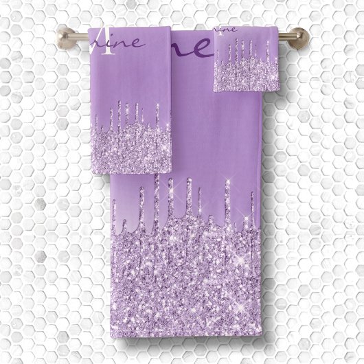 Metaal Violet Paarse Dripping Glitter Monogram Bad Handdoek