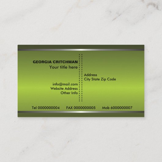 Metaal zilvergrijs, groen in het oog springend mon visitekaartje (Achterkant)