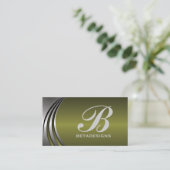 Metaal zilvergrijs, olijfgroen monogram visitekaartje (Staand voorkant)