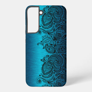 Metaalachtig Aqua Blauw Met Zwarte Paisley Kant Samsung Galaxy Hoesje