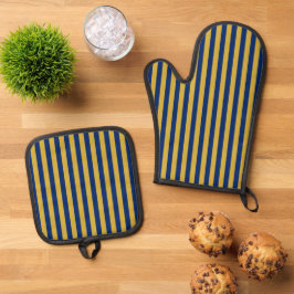 Metaalachtig goud en marineblauw functioneel stijl ovenwant & pannenlap set