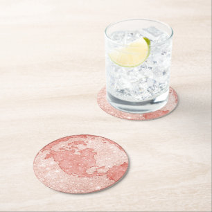 Metaalachtig Roos Glitter + Roze marmer Wereldbol Ronde Kartonnen Onderzetter