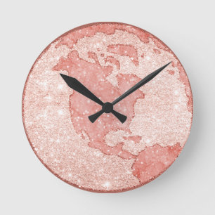 Metaalachtig Roos Gold Glitter Pink Marble Wereldb Ronde Klok