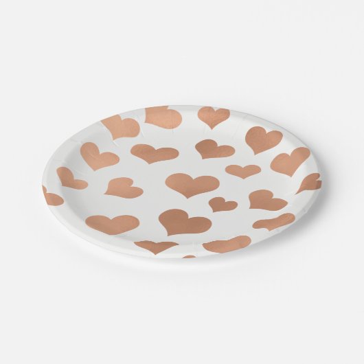 Metaalachtig Roos Gold Hearts Confetti White Coppe Papieren Bordje (Gekanteld)