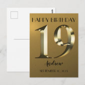Metaalachtige gouden 19e verjaardag briefkaart (Voorkant / Achterkant)