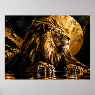 Metaalachtige Gouden Leeuw in Maneschijn Poster