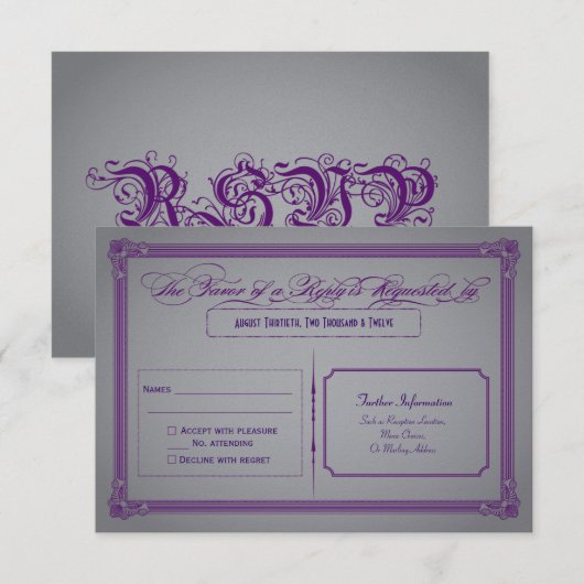Metaalachtige Paarse en grijze bruiloft RSVP (Voorkant / Achterkant)