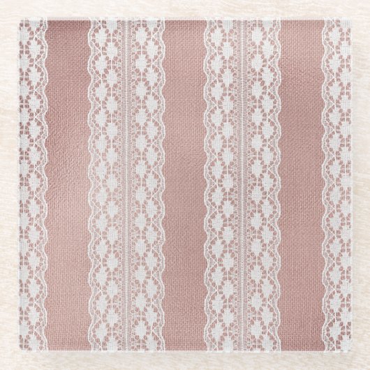 Metaalachtige roosgoud, off-white kant textuur. glazen onderzetter (Voorkant)