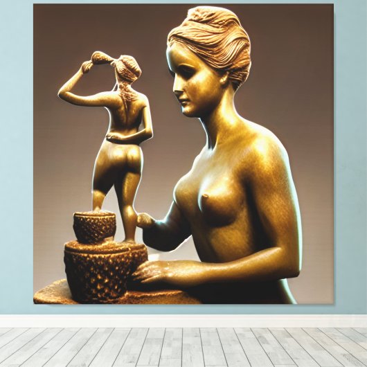 Metaalbeelden van een kleine en grote vrouw. canvas afdruk (Insitu (Houten vloer))