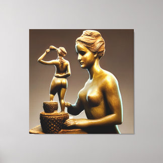 Metaalbeelden van een kleine en grote vrouw. canvas afdruk