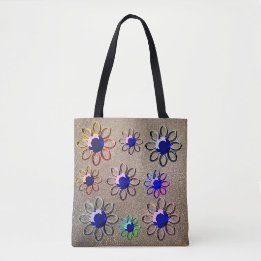 Metaalbloemen op glitter tote bag (Voorkant)