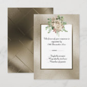 METAALBRONS RELIËF WITTE BLOEMEN CUSTOM RSVP KAARTJE (Voorkant / Achterkant)