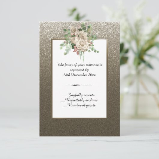 METAALBRONZEN GLITTER WITTE BLOEMEN CUSTOM RSVP (Staand voorkant)