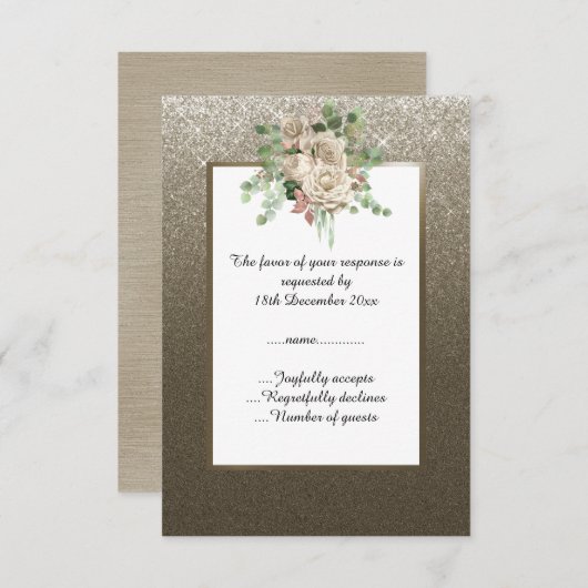 METAALBRONZEN GLITTER WITTE BLOEMEN CUSTOM RSVP (Voorkant / Achterkant)