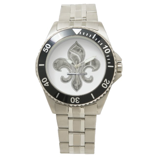 Metaaleffect Silver Fleur de Lis Horloge (Voorkant)