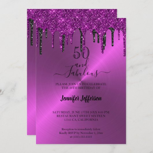 Metaalglitter dripping Birthday Invitation Kaart (Voorkant / Achterkant)