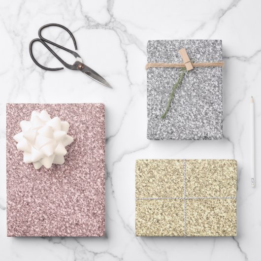 Metaalglitterwrapping papier — flatplaat set van 3 inpakpapier vel (Voorkant)
