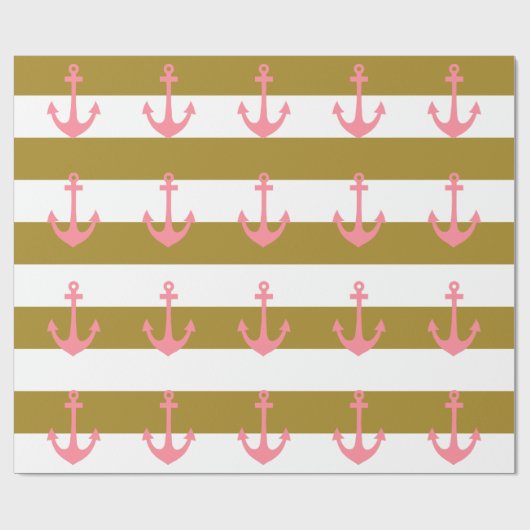 MetaalGold Stripes en roze Nautisch Cadeaupapier (Vlak)