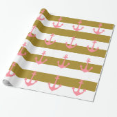 MetaalGold Stripes en roze Nautisch Cadeaupapier (Uitgerold)
