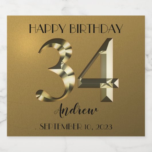 Metaalgoud 34e verjaardag sparkling wijnetiket (Enkel label)