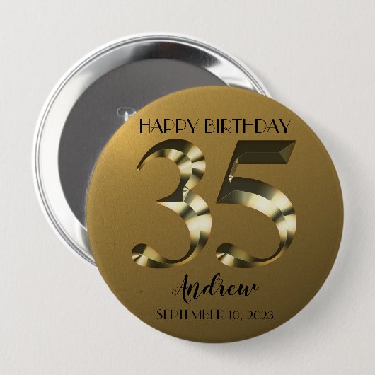 Metaalgoud 35e verjaardag ronde button 4,0 cm (Voorkant /achterkant)
